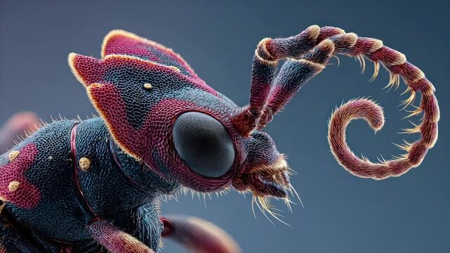 Extreme macro close-up of a vibrant bug showcasing intricate textures and vibrant colors