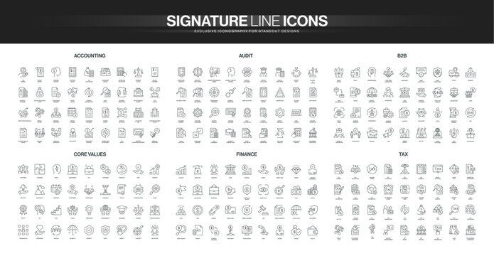 Large set of thin line icons for accounting, audit, B2B, core values, finance and tax, ideal for dashboards, reports, infographics and corporate branding vector illustration