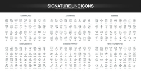 Comprehensive set of thin line icons covering data analysis, accounting, business, global company, strategy, and team collaboration concepts isolated vector illustration © Icon Majesty