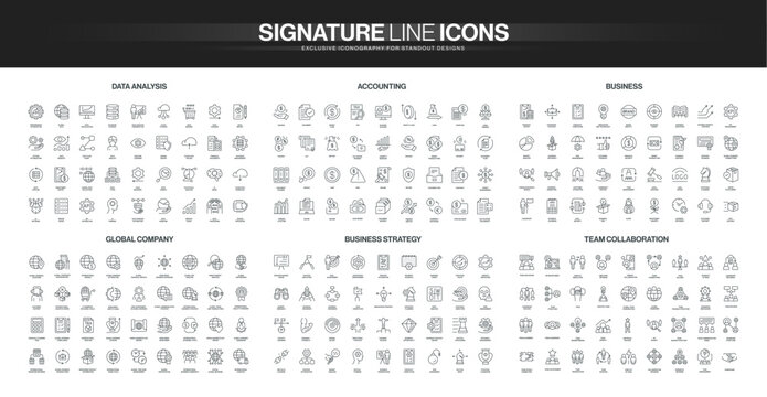 Comprehensive set of thin line icons covering data analysis, accounting, business, global company, strategy, and team collaboration concepts isolated vector illustration