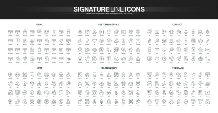 Comprehensive set of thin line icons for email, customer service, contact, CRM, relationships, and feedback themes, covering digital communication and business interaction isolated vector illustration