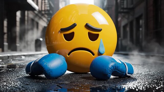 The emotional aftermath of a lost battle, a pensive face with a teardrop sits defeated next to boxing gloves in a gritty urban alley