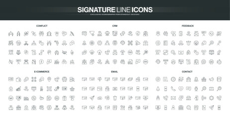 Comprehensive set of thin line icons covering conflict resolution, CRM, feedback, e-commerce, email, and contact concepts for business communication isolated vector illustration