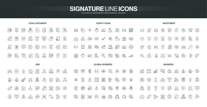 Comprehensive set of thin line icons covering legal documents, supply chain, investment, B2B, global business, and corporate themes for modern business solutions isolated vector illustration