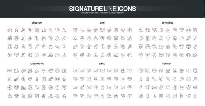 Comprehensive set of thin line icons covering conflict resolution, CRM, feedback, e-commerce, email, and contact concepts for business communication isolated vector illustration