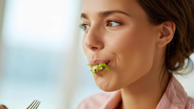 Woman enjoys a fresh salad in a bright room during lunchtime while smiling and taking bites of her meal