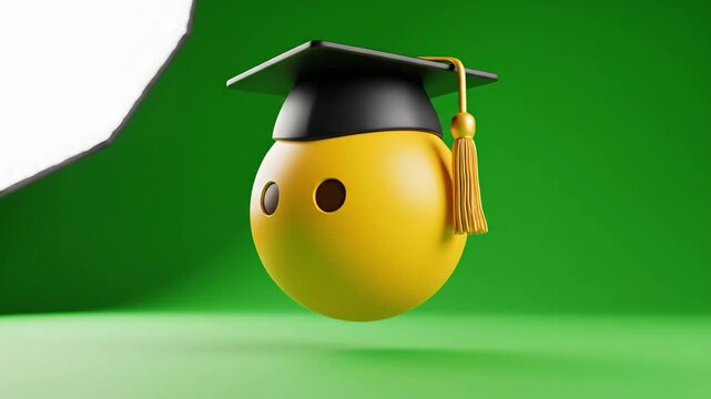 A 3D rendered yellow emoji celebrating academic achievement with a graduation cap, floating cheerfully against a vibrant green background