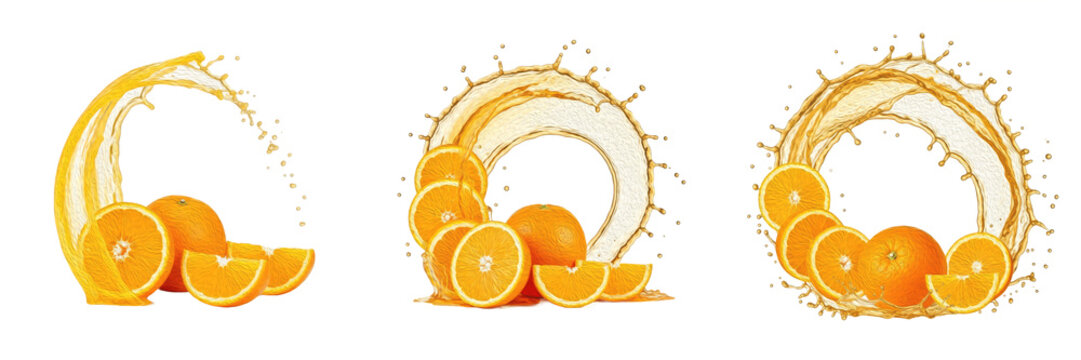 Orange fruit with orange slices and citrus juice splash explosion isolated on white background, high speed liquid splash photography, fresh orange juice concept, Citrus sinensis PNG