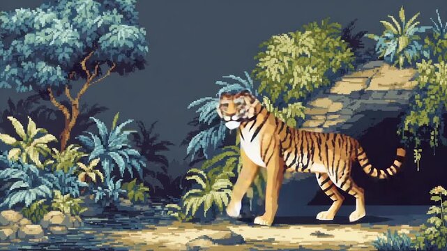 Pixelated tiger rests in a jungle setting with foliage and a stone structure