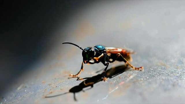 Close up of a colorful cuckoo wasp walking on a rock
