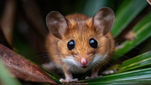 A close-up of a small, brown mouse with large black eyes peeking through green leaves