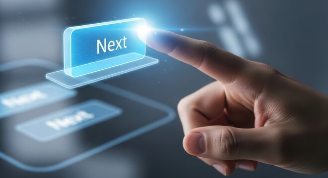 Close up of hand pressing a virtual next button to proceed to the following step.