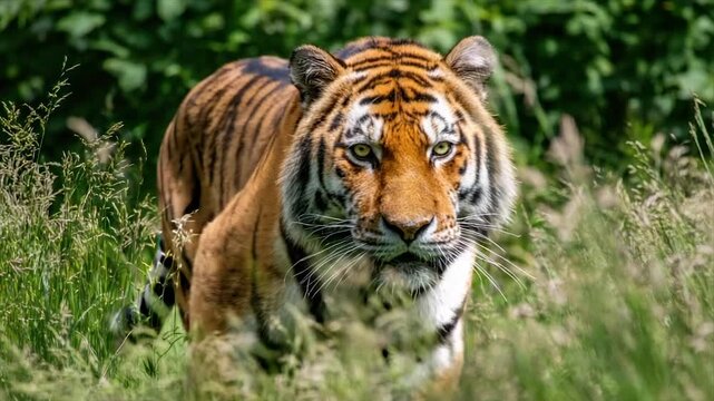 A close-up view of a tiger walking toward the camera through long grass, eyes locked