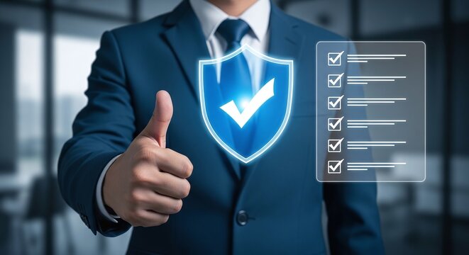 Businessman giving thumbs up with digital shield and checklist representing security and protection in the workplace