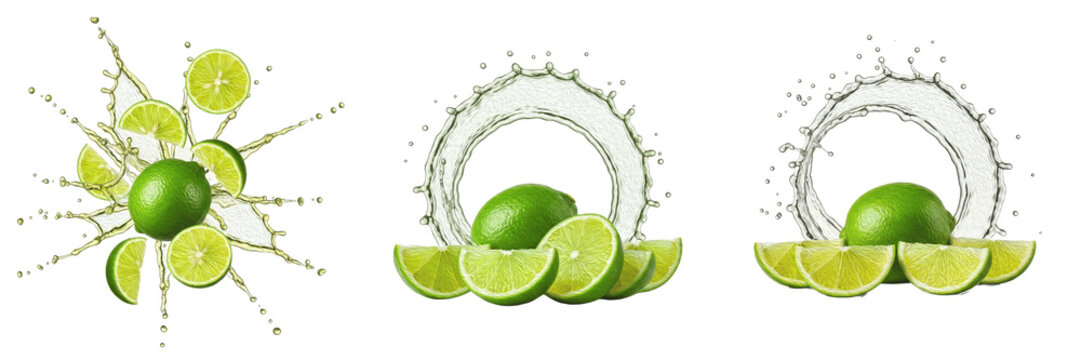 Fresh lime fruit with lime slices and citrus juice splash explosion isolated on white background, high speed liquid splash photography, lime juice concept for drinks and cocktails, Citrus aurantiifoli