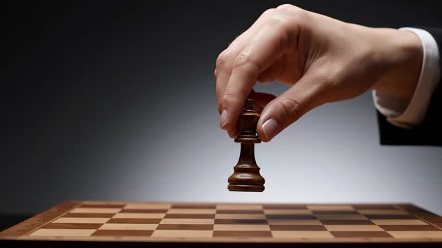 A person's hand in a suit holding a dark chess king piece above a wooden chessboard, ready to make a strategic move.