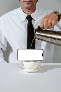 Man pouring coffee into cup with smartphone overlay