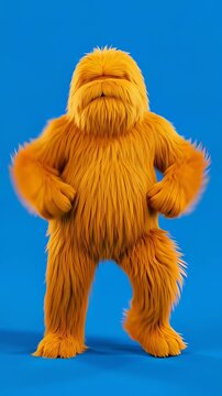 Cute yellow furry bear character dancing rhythmically against a blue background in a playful 3D animation, illustrating happiness and mascot concepts