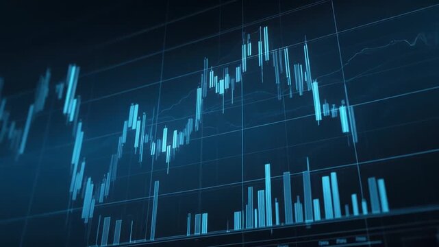 A blue-toned chart displaying financial data in bars and lines, a visual of market trends