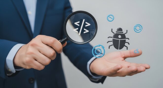 Hand holding a floating magnifying glass over a bug icon, representing software testing and debugging code.