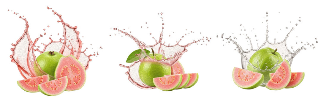 Fresh guava fruit with guava slices and tropical juice splash explosion isolated on white background, high speed liquid splash photography, guava juice concept for smoothies and beverages, Psidium gua