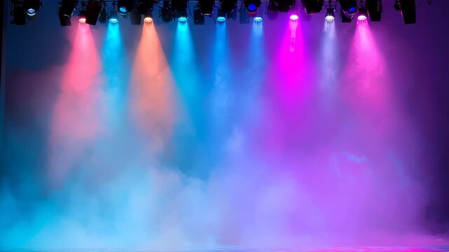 Colorful lights shine on stage with smoke effect during a live performance in an indoor venue at night