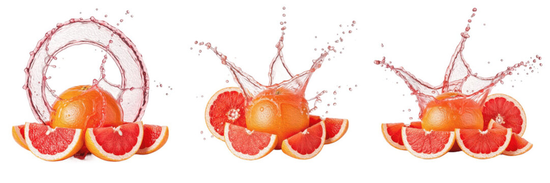 Fresh grapefruit fruit with grapefruit slices and citrus juice splash explosion isolated on white background, high speed liquid splash photography, grapefruit juice concept for beverages, Citrus &times; par