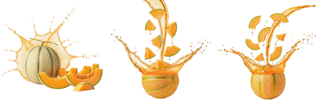 Fresh cantaloupe melon with cantaloupe slices and orange juice splash explosion isolated on white background, high speed liquid splash photography, cantaloupe juice concept for beverages, Cucumis melo