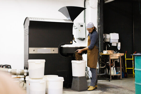 Worker controlling coffee beans falling out in bucket from machine