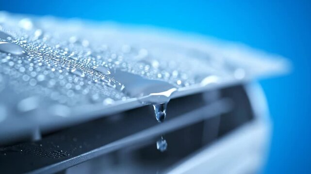 Close up of condensation on an air conditioner with water droplets falling