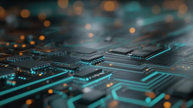 A detailed image of a computer circuit board with glowing teal and orange lines