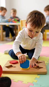 Cute toddler boy developing fine motor skills by solving a wooden shape puzzle on a colorful mat in a bright preschool classroom, illustrating early childhood education concepts