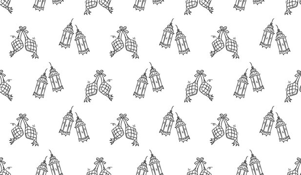 Ramadan doodle background. Eid al fitr doodle pattern background. Eid mubarak seamless pattern with lantern and ketupat doodle illustration. Ramadan hand drawn background.