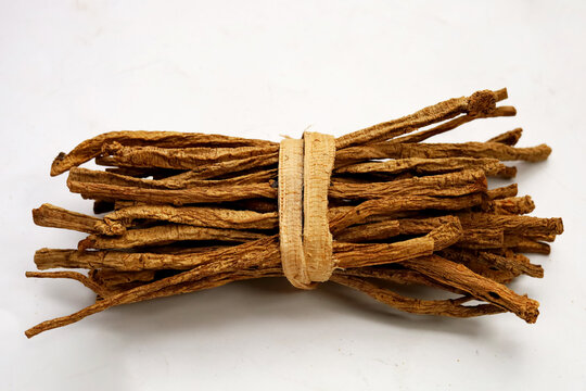 Dried brown Codonopsis root sticks used in Chinese herbal medicine.