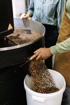 Partial workers controlling of coffee beans falling out in bucket