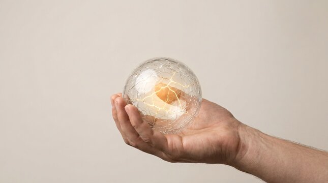 Antifragile system concept, cracked glass sphere holding inner light symbolizing resilience, transformation and strategic endurance
