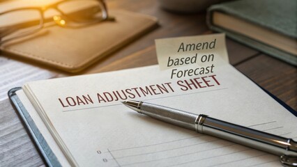 Documenting Financial Changes with Loan Adjustment Sheet on Wood Table with Eyeglasses, Pen, and Notebook in Background