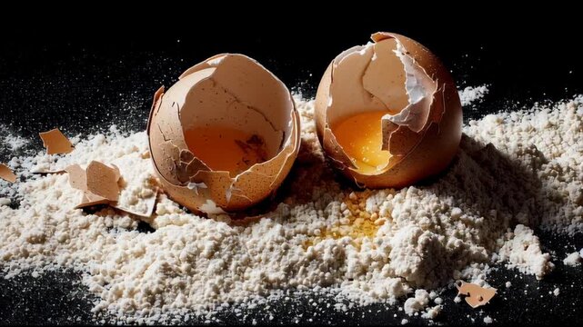 Broken brown eggs on white flour against a dark background with cracked shells and egg yolk.