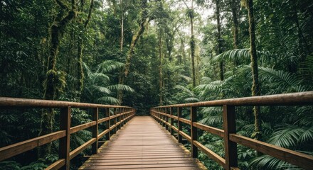 Obraz premium Wooden bridge extends into lush, green rainforest canopy, pathway through nature's embrace