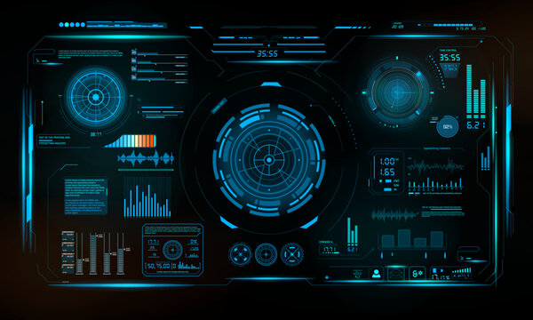 Futuristic HUD interface with circular radar screens, data visualization charts, digital panels and sci-fi user interface elements. Abstract technology dashboard design for game UI, virtual reality, c