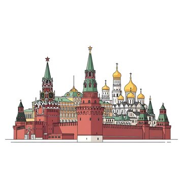 The Moscow Kremlin complex features multiple towers and golden domes depicted in a stylized line art drawing against a white background.