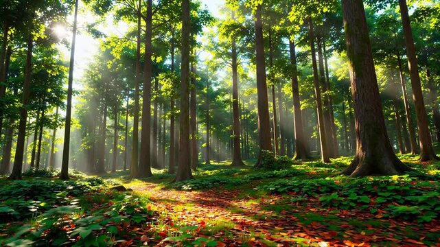 Sunlit forest path with tall trees