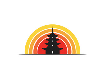 Obraz premium Minimalist Asian pagoda silhouette at sunset with multi-colored gradient semicircle background in vibrant orange, yellow hues, stylized iconic landmark