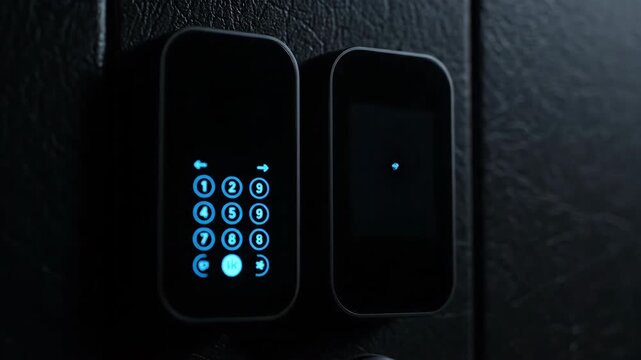 Digital security system features biometric fingerprint scanner and face recognition on a dark textured surface.