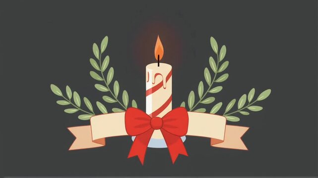 A candle with laurel leaves and ribbon symbolizes celebration and remembrance, glowing warmly in a peaceful decorative composition.