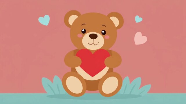 A cute teddy bear holding a red heart sits against a soft pastel background, radiating warmth, innocence, and sweet affection perfect for love-themed visuals.