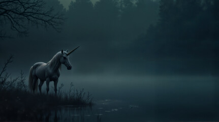A serene unicorn stands on a grassy bank beside a misty river, surrounded by dense forest in a tranquil night scene.