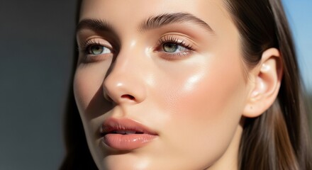 Fototapeta premium Radiant Beauty - Close-up Portrait of a Woman with Glowing Skin.