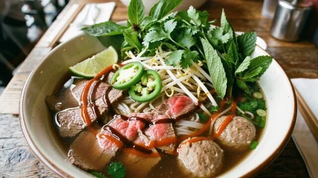 A vibrant bowl of pho with fresh herbs and lime