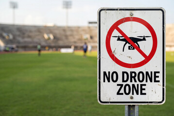 Weathered No Drone Zone warning sign with crossed quadcopter symbol positioned beside green sports field, blurred stadium seating and players i